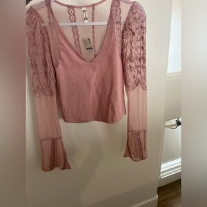Free People Pink Lace Sleeve Top